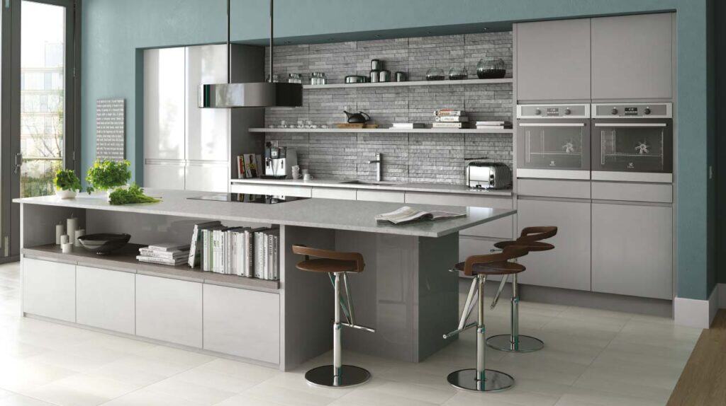 integral gloss in grey modern kitchen with long island