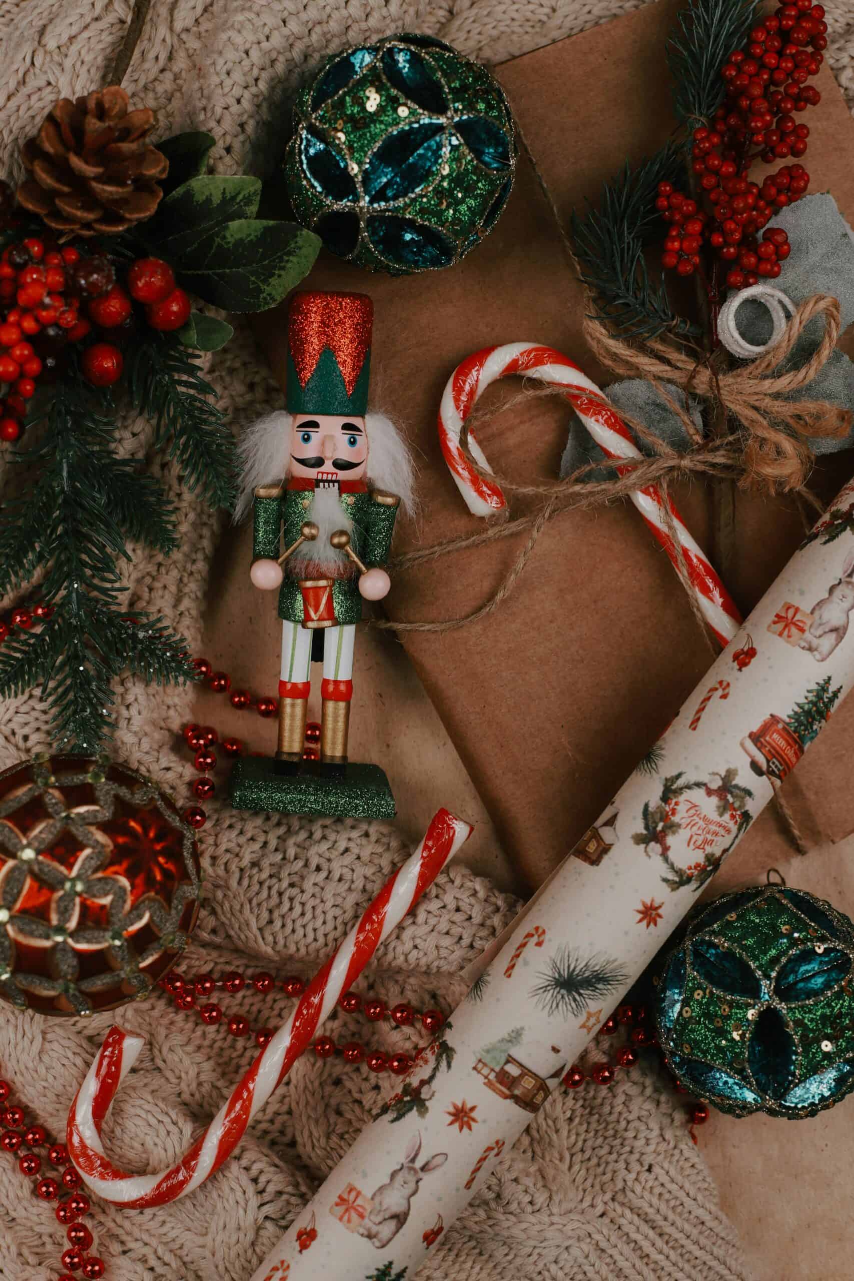 a christmas layout pic of a toy soldier, candy cane and baubles