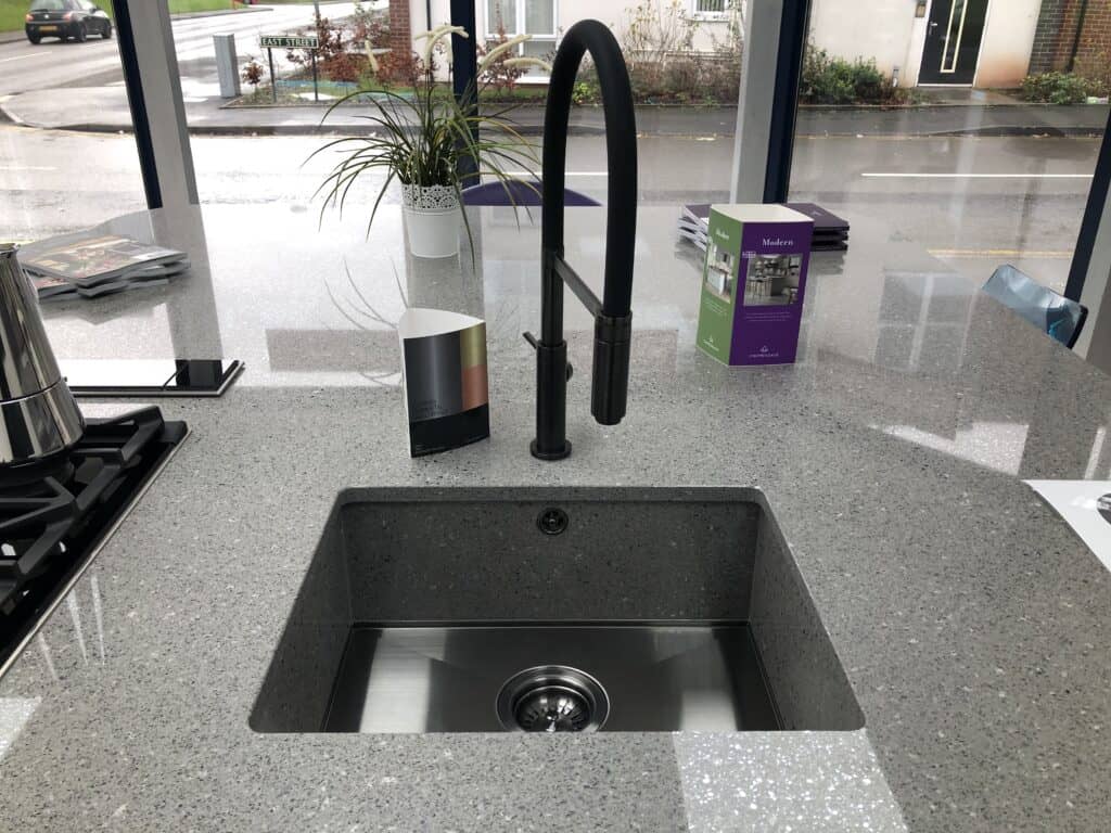 a kitchen sink on display at New Design Kitchens in Cannock