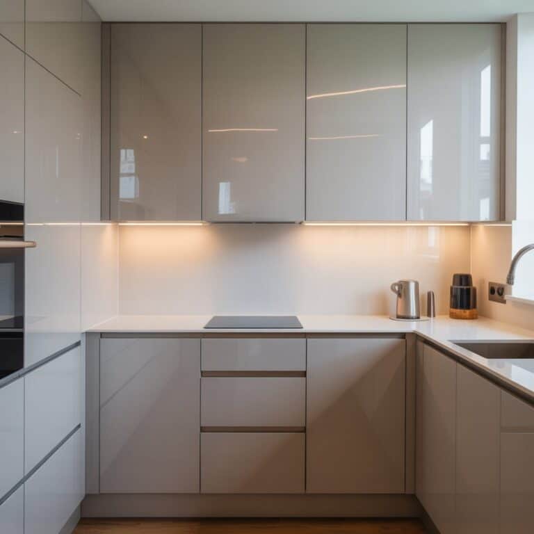 a small fitted gloss kitchen with handleless cabinets