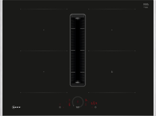 Example of a NEFF appliance for those asking what is an induction hob – a sleek black glass induction hob with integrated extractor and touch controls.