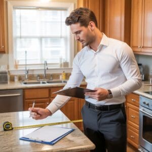 a white man in his 30s measuring up a kitchen ready for a new one to be designed